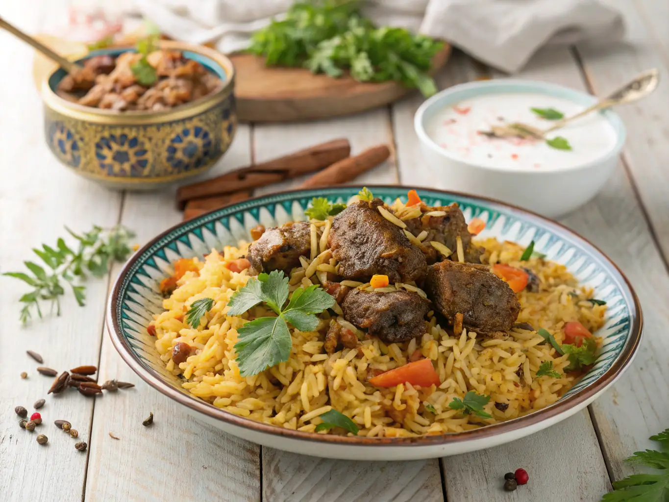 A beautifully staged Lamb Biryani Meal Kit, showcasing the marinated lamb, basmati rice, saffron, spices, and garnishes, ready to be cooked for a special occasion.