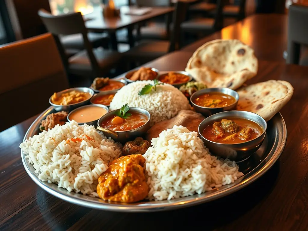 A vibrant shot of a Vegetarian Thali Lunch Box from Indian Meals, highlighting the variety of dishes and balanced nutrition it offers for a complete and satisfying meal.