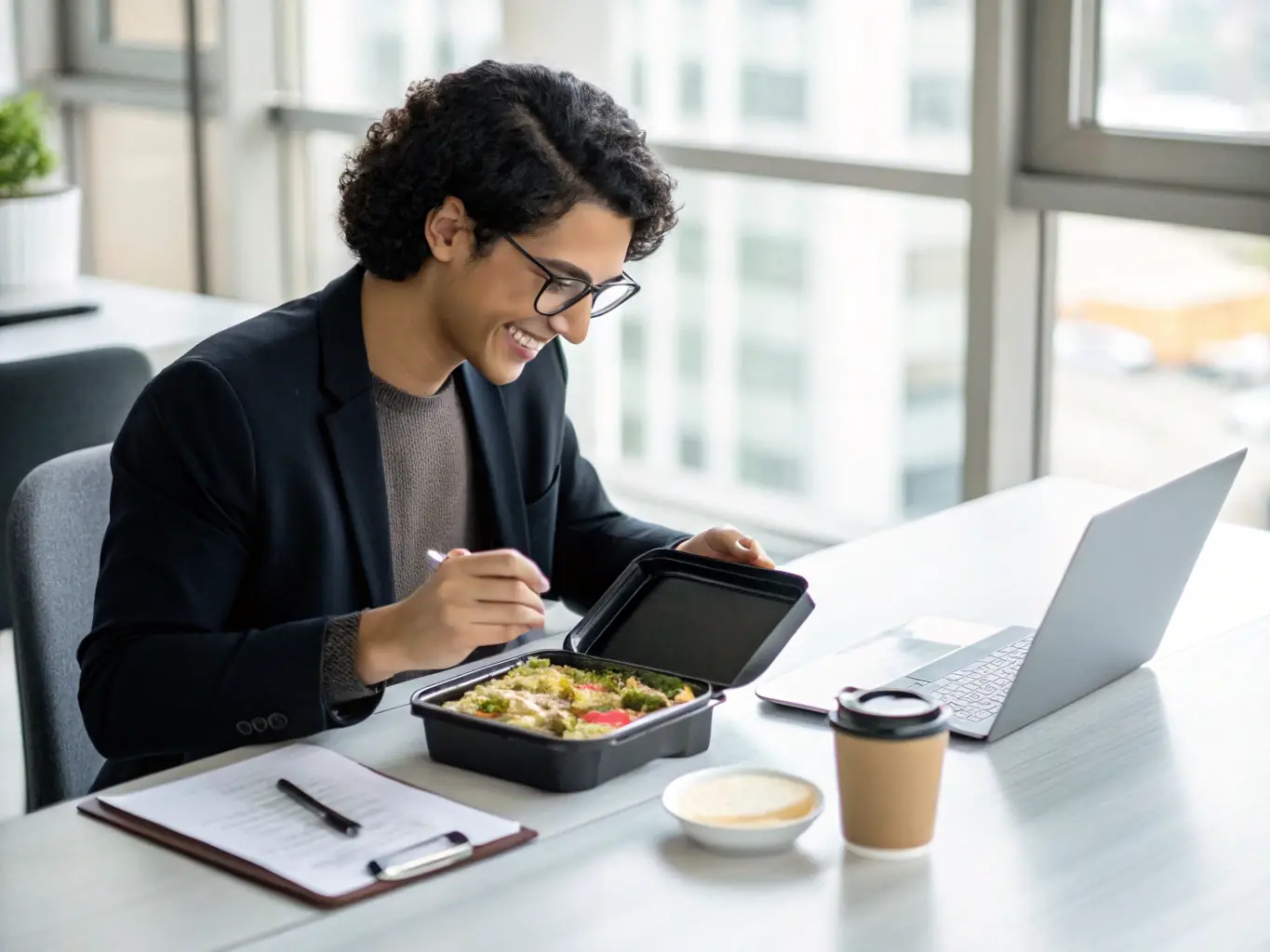 A person quickly unpacking a Spicy Paneer Wrap Lunch Box from Indian Meals during a busy workday at their office desk, showcasing the convenience and ease of enjoying a delicious meal.
