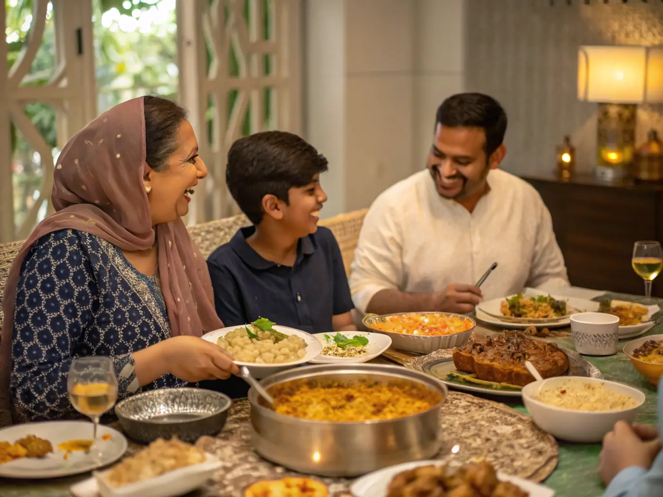 A beautifully arranged table setting featuring the Chicken Tikka Masala Lunch Box, showcasing the vibrant colors and textures of the dish, with a family enjoying the meal in the background.