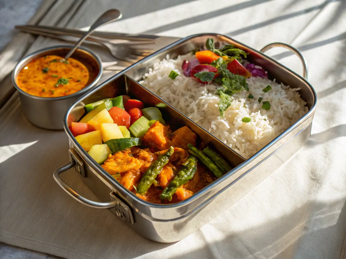 A top-down shot of the Lamb Curry Lunch Box, highlighting the rich, spiced gravy and tender lamb pieces, served with basmati rice and vegetable sabzi.